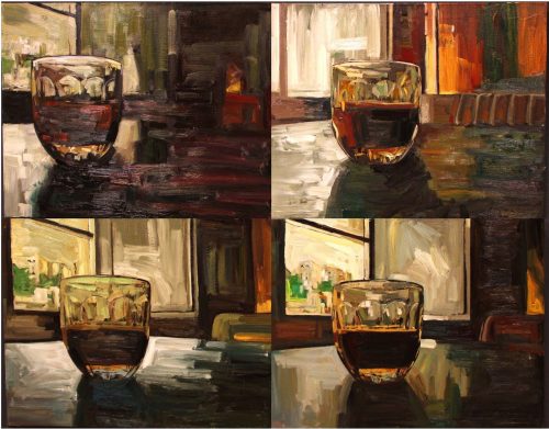 Cuatro vasos, cuatro horas Óleo y mixta sobre tela F20 (x4)